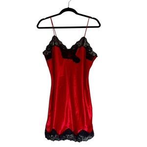 Fantasie Red‎ and Black Lace Trim Satin Slip Dress Size Medium